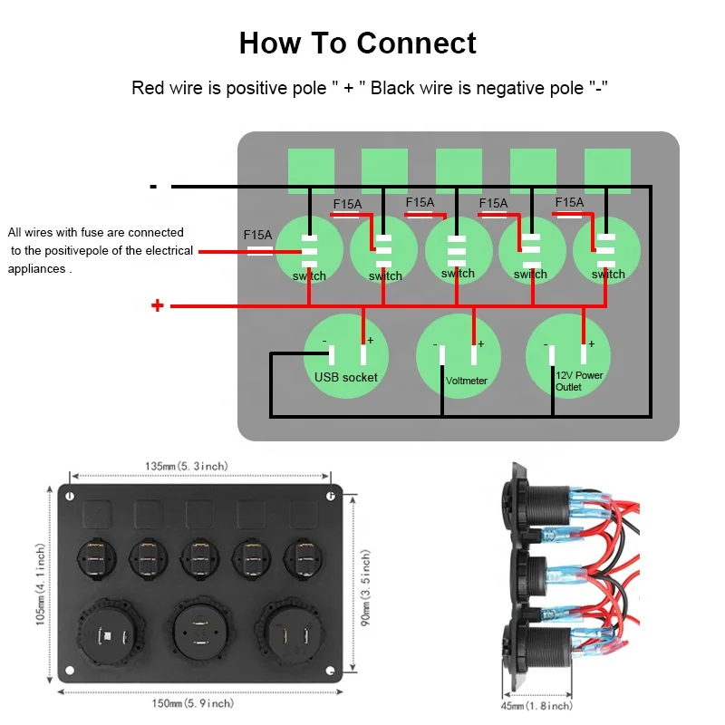 Waterproof DC 12V 24V Panel for Marine Car Boat 8 gang Led Rocker Switch 4.2A USB Charger Rocker switch control panel