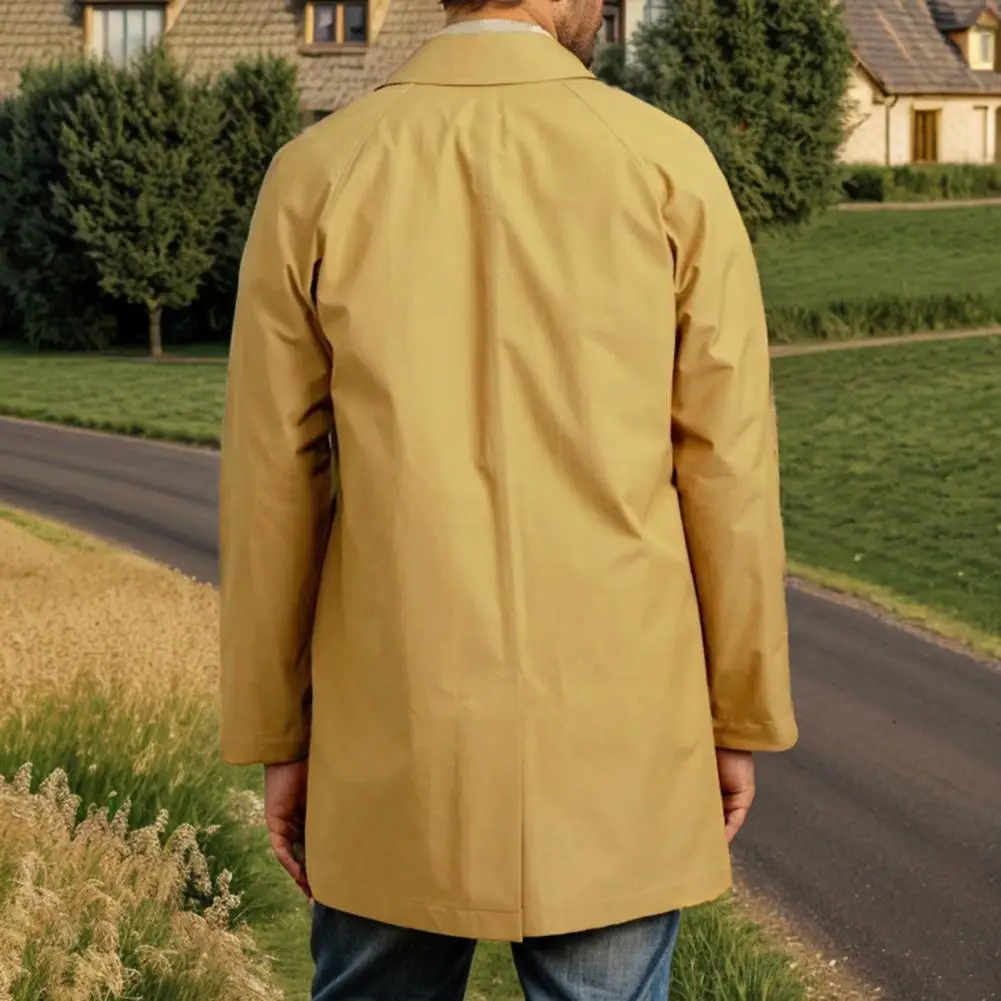 معطف واق من المطر طويل بصف واحد للرجال مع جيوب ، جاكيت متوسط الطول مقاوم للرياح ، أكمام طويلة ، طية صدر ، مقاس كبير #2