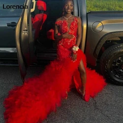 Customized Red Mermaid Prom Dress 2024 Beading Rhinestone For Black Girls High Split Ruffles Birthsday Party Gowns YPD169