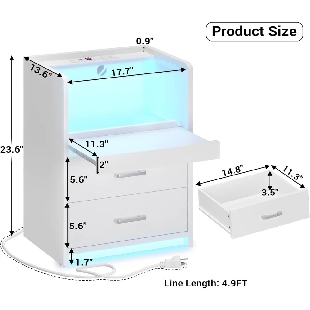 منضدة حديثة بإضاءة LED مع قاعدة شحن وصينية قابلة للسحب ودرجين للاستخدام بجانب السرير #2