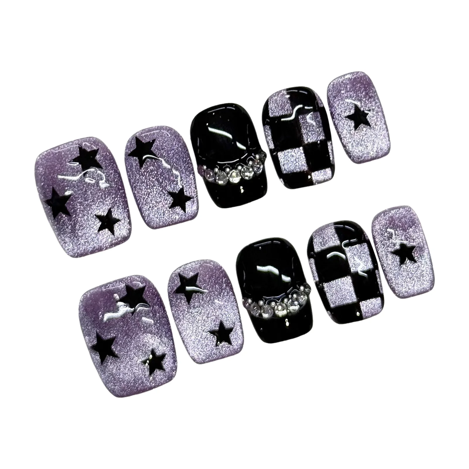 10 Stück lila glitzernde Stern-Schachbrett-Katzenaugen-Kunstnägel, kurze quadratische Nägel zum Aufdrücken mit Schimmer, handgefertigt, DIY-Kunstnägel