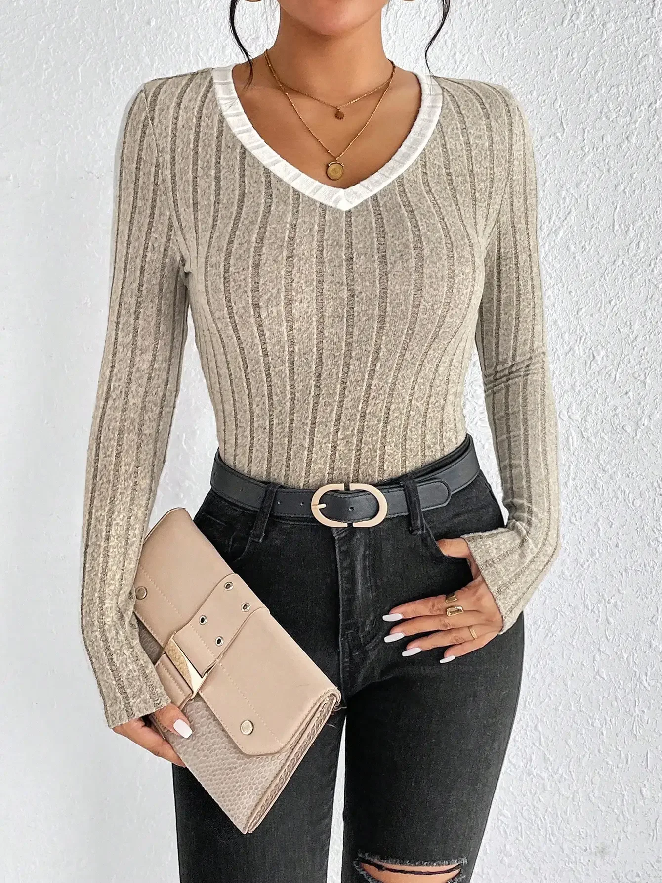Damen Slim Sexy Knit Langarm Top Damen V-Ausschnitt Hals Edge Clash Top Neue Herbst und Winter Damen Casual Pullover