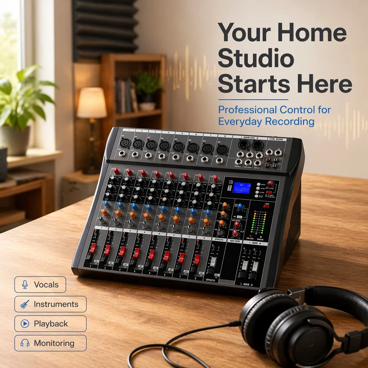 Console de mixage audio professionnelle 8 canaux NXG avec lecture USB, égaliseur 3 bandes, envoi FX, alimentation fantôme 48V pour sonorisation en direct, enregistrement en studio, podcasting et streaming