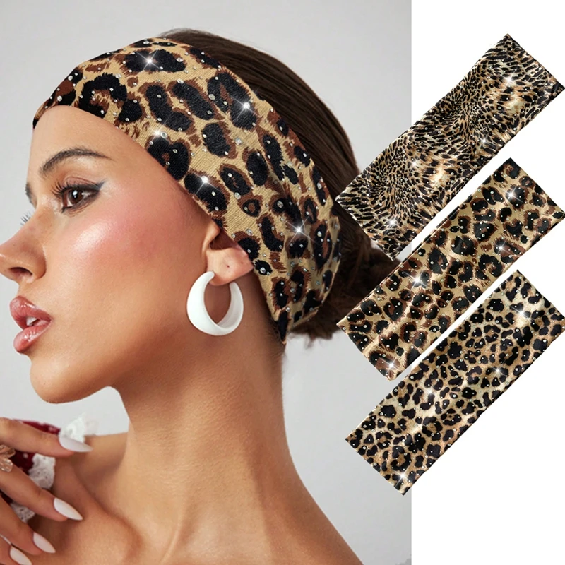

Fashion Leopard Sparkly Rhinestone Headband Spicy Girl Elastic Breathable Sports Headwrap Hair Band