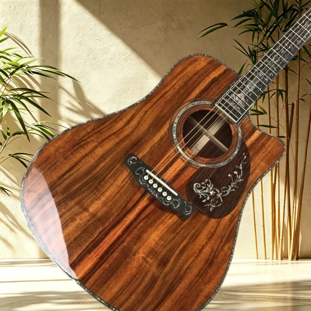 D45 Cutaway Body Acoustic Guitar All Koa Wood Ebony Fretboard Carved Abalone Inlay Pickguard Gloss Finish Fingerstyle Player
