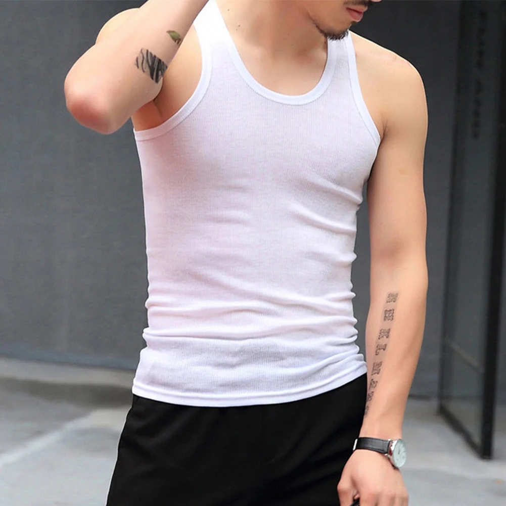 Men Elastic Breathable Sleeveless Tank Tops Undershirt Gym Workout Stringer Fitness T-Shirt Beater Undershirt Casual Men's Vest