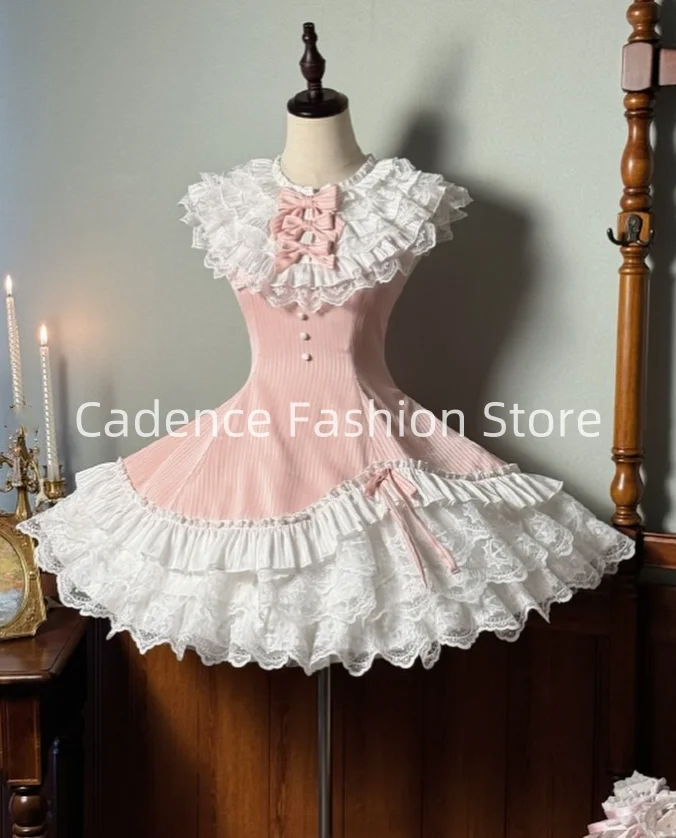 Customized  Sweet Lolita Short Puffy Dresses Strappy Back Cute Bow Delicate Lace Prom Dresses Multicolor