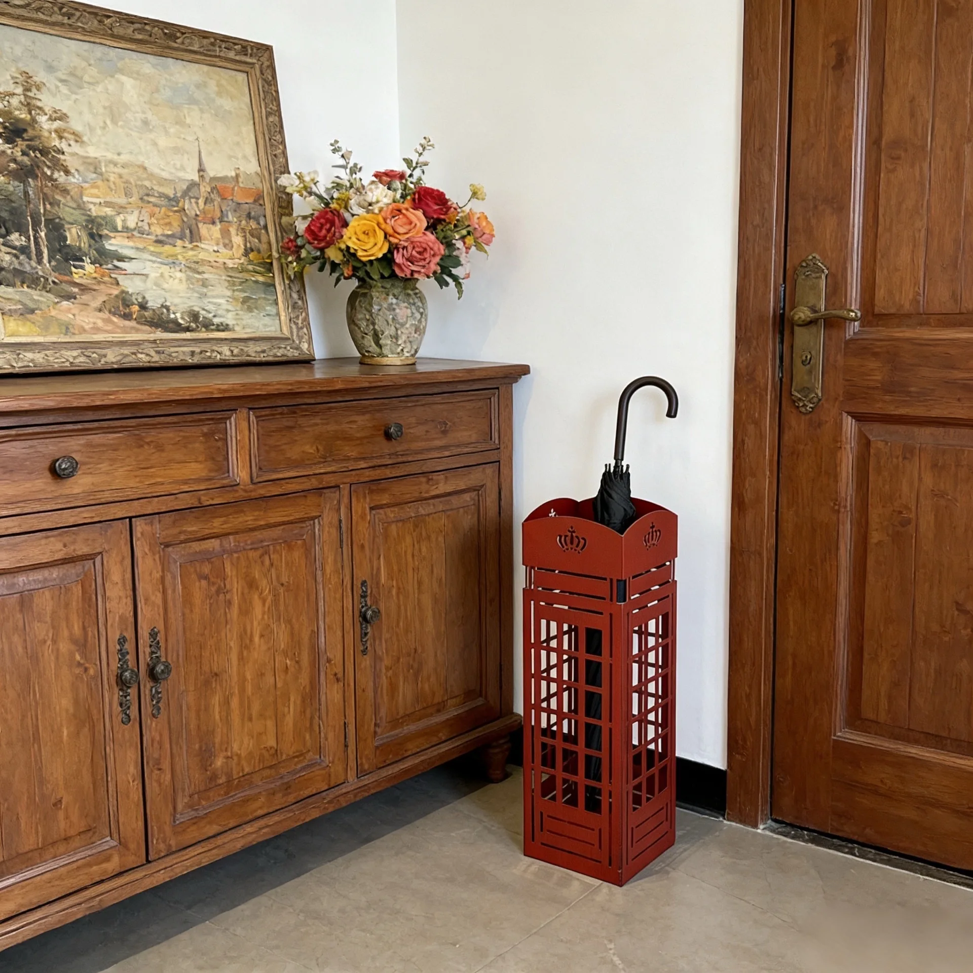 Vintage Telephone Booth Umbrella stand Metal Entryway Umbrella Holder with Drip Trays London Phone Booth storage rack home Decor