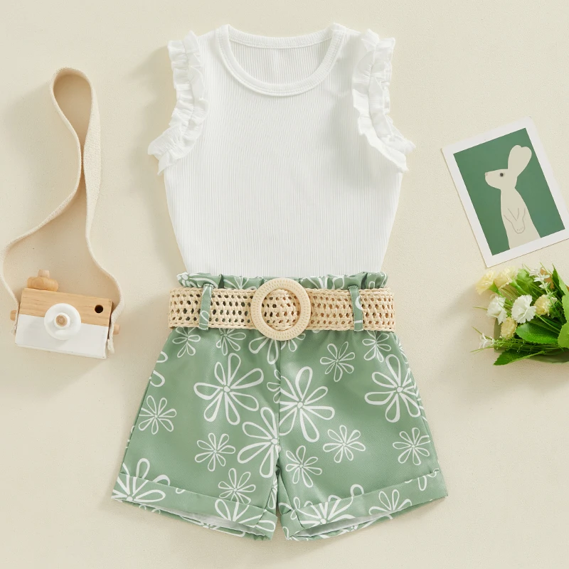 Toddler Baby Little Girls Summer 2Pcs Clothes Ruffle Sleeveless Tank Tops and Floral Shorts Set Belt Cute Outfit