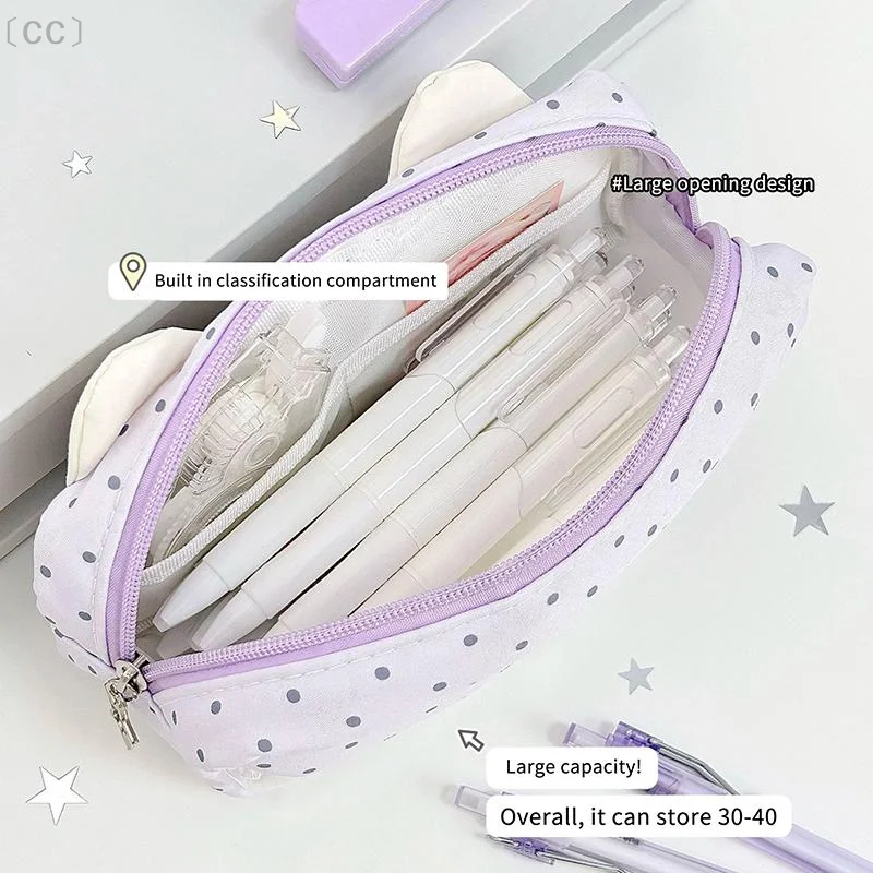 Kawaii Bear Ear Pencil Case With Photo Card Slot Waterproof Portable Stationery Storage Bag for Primary Middle School Students