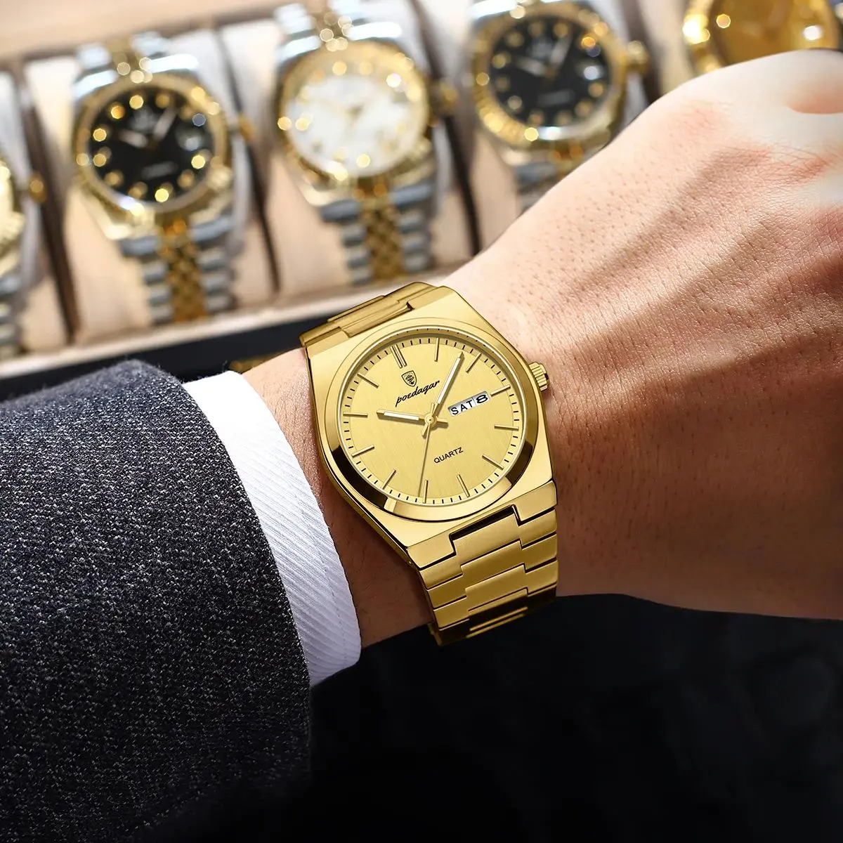POEDAGAR ساعة رجالية كلاسيكية عصرية مقاومة للماء ومضيئة للتاريخ والأسبوع ساعة رجالية فاخرة من الفولاذ المقاوم للصدأ كوارتز ساعات رجال الأعمال