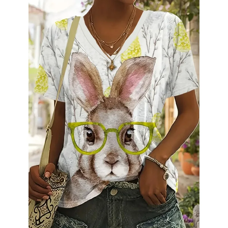 

Плюс размер 1XL-5XL новая футболка с v-образным вырезом и милым кроликом в очках, женская повседневная футболка с короткими рукавами, топы