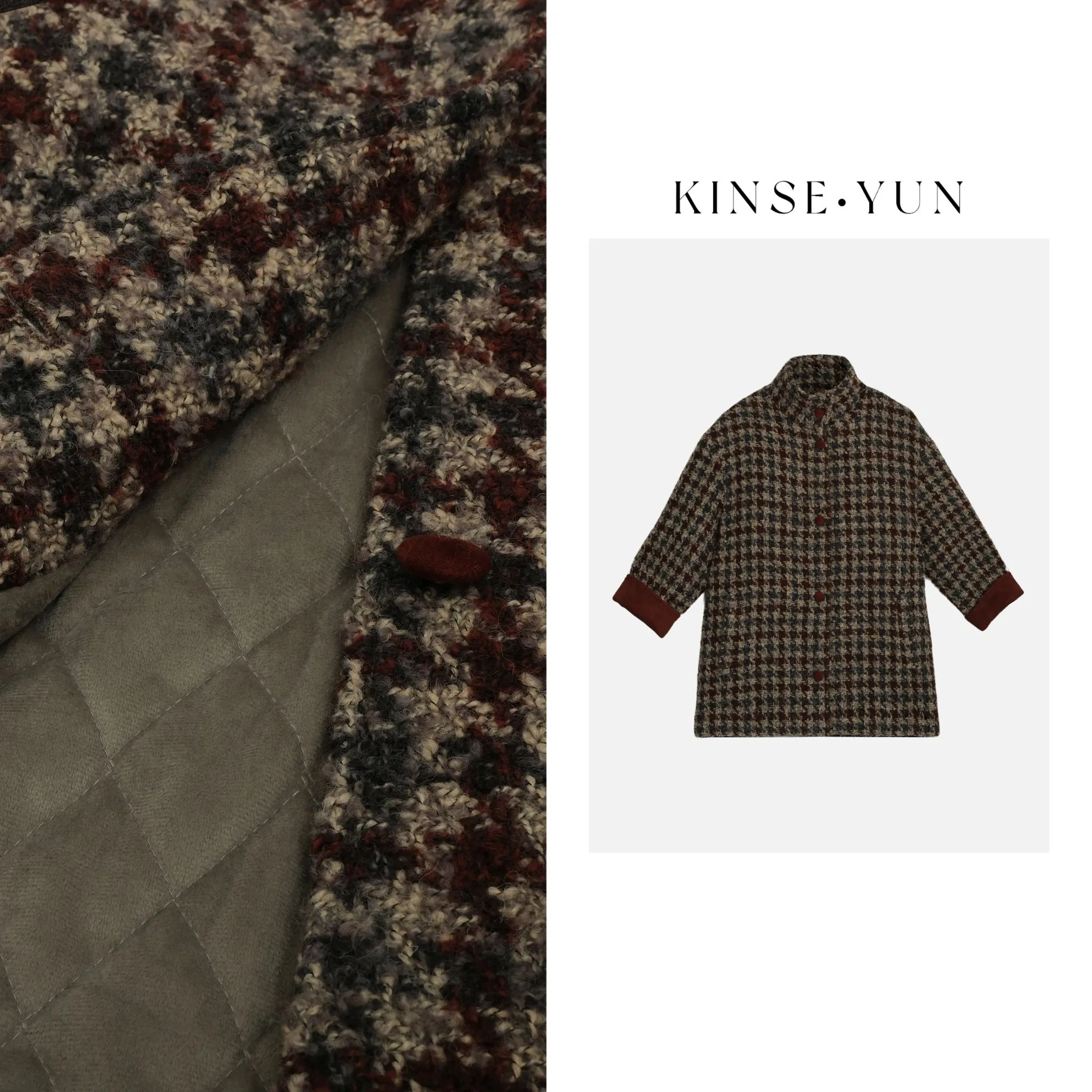

KINSE YUN round Woolen Coat Thickened Medium Length Plaid Design Commute Style Women's Fashion Outerwear QD1818
