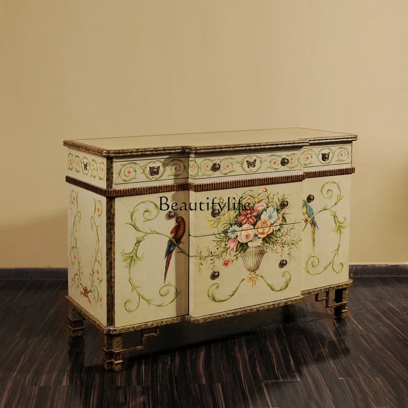 

ls 42Retro heavy color hand-painted light yellow flowers and birds old living room large entrance cabinet shrine side chest