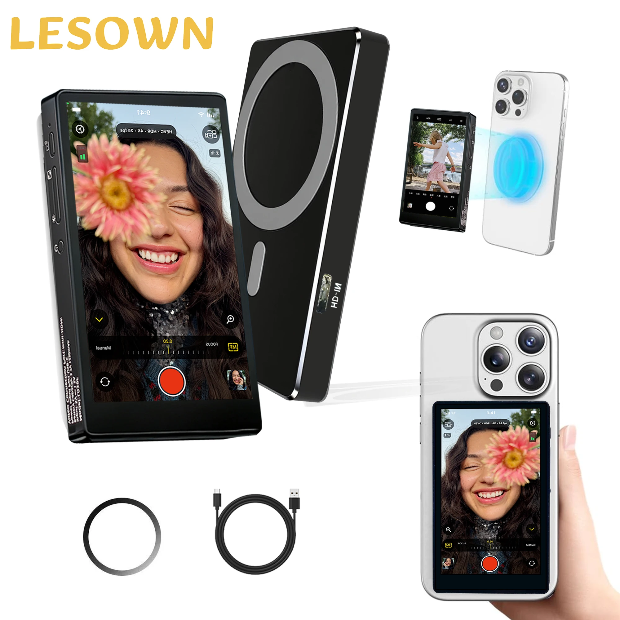 

LESOWN Selfie Monitor Screen iPhone 4 Inch 480x800 IPS Wireless Screen Mirroring Back Camera Selfie Monitor for iPhone & Android