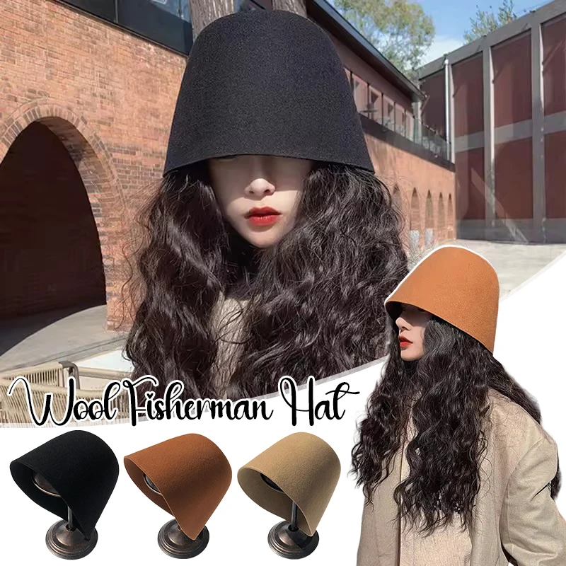 

Vintage British Woolen Bucket Hat For Women Lady Ins Korean Solid Color Fisherman Cap Autumn Winter Warm Sun Visors Caps