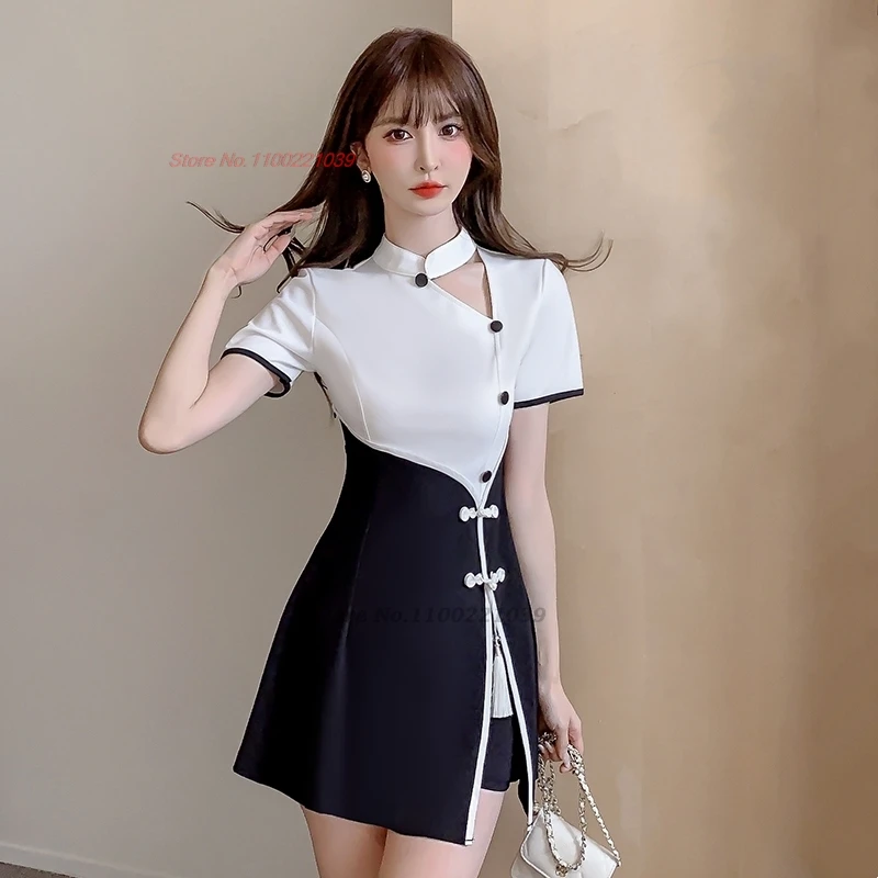 전통 패치워크 qipao 치파오 원피스, 중국 개선 qipao 원피스 + 반바지, 호텔 스파 작업 원피스, 미용 유니폼, 2024