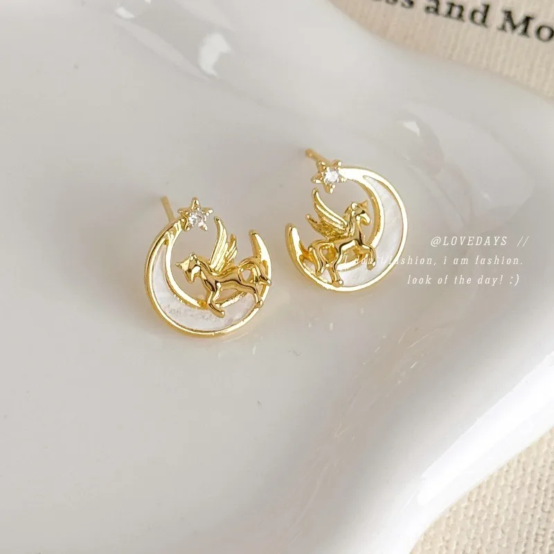 Gold Moon Unicorn Pony Stud Earrings Unique Pretty Delicate Design Chic Daily Party Wear For Women Premium Alloy Lightweight