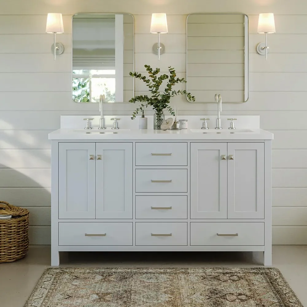 

61" White Double Bathroom Vanity, 1.5" Edge Pure White Quartz Countertop & Backsplash, Rectangular Sinks, 4 Soft Closing Doors