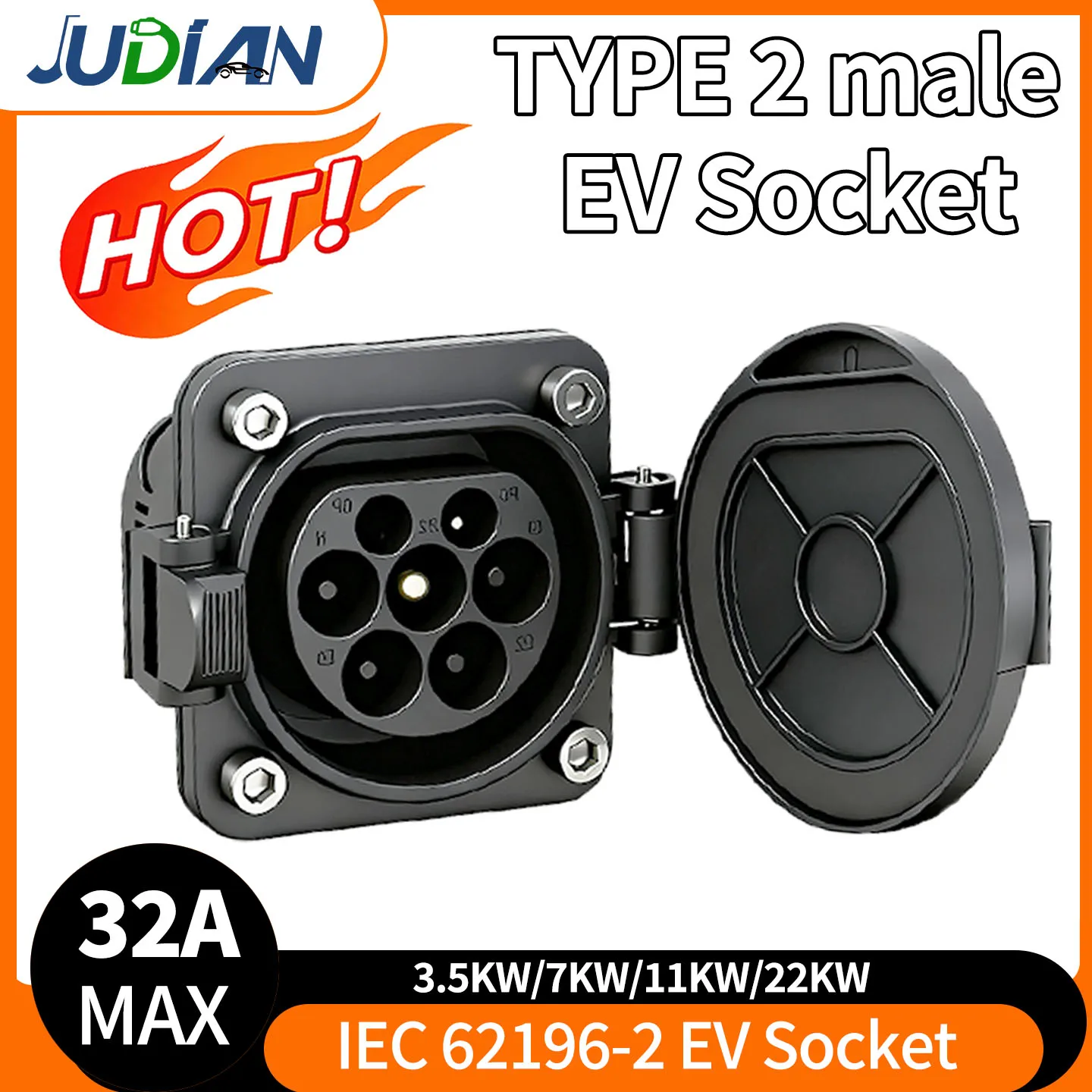 Type 2 Square EV Charger Male Socket IEC62196 16A 32A Electric Car Charging Side Socket Without Cable