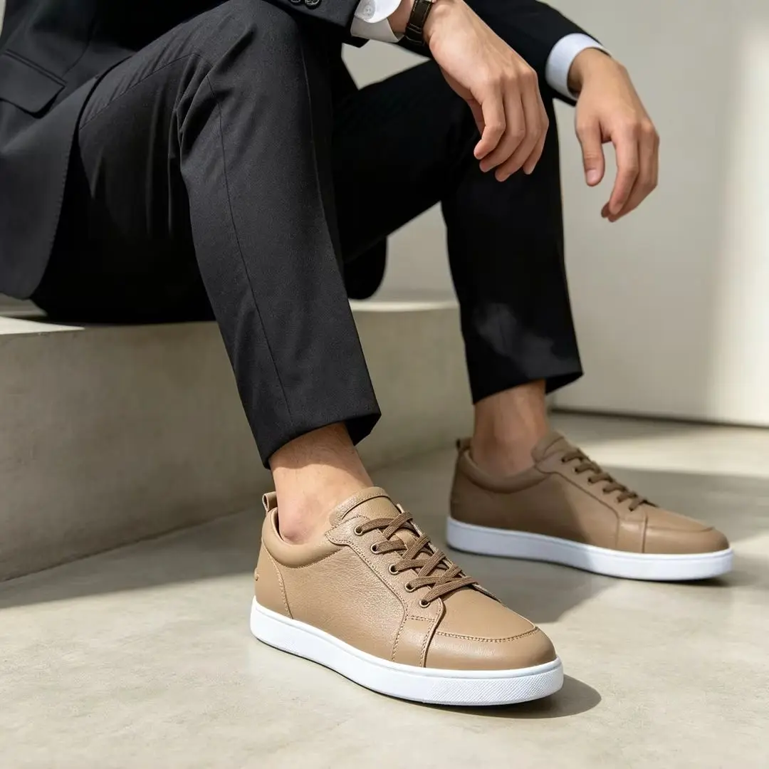 Men's Brown Lychee Genuine Leather Low-Top Sneakers, Lace-Up Casual Shoes, Red Bottom Footwear for Summer & Business Casual