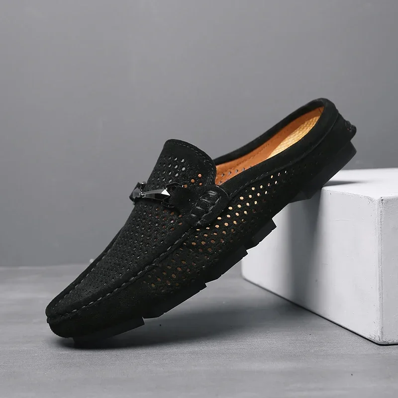 Fashion Men Leather Slippers Outdoor Half Loafers Lightweight Shoes Breathable Mules for Man Summer Casual Sandals Lazy Shoes