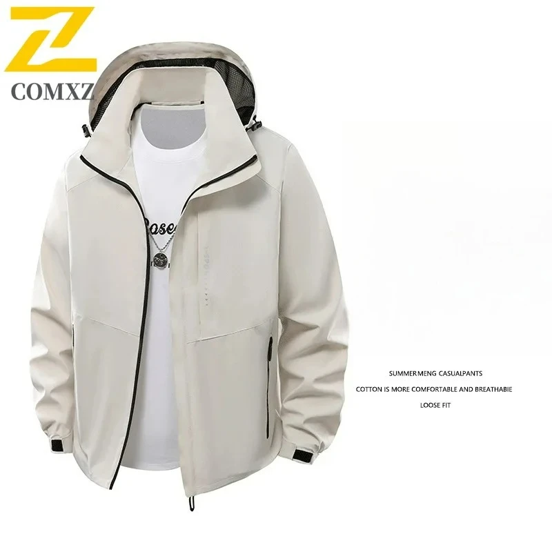 COMXZ Mens Jacket Classic New Hooded Adventure Breathable Windproof Windbreaker Hiking Camping Lightweight Spring Autumn Coat