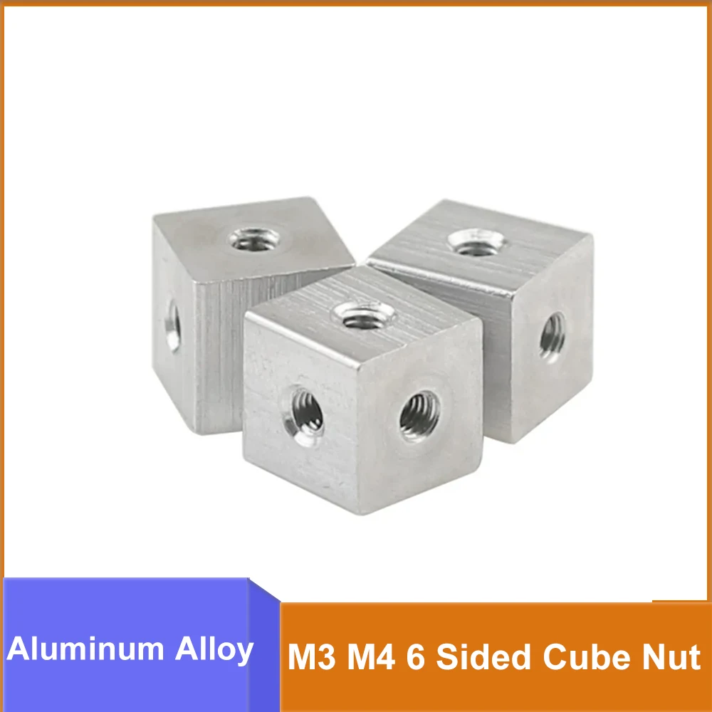 1pcs Aluminum Alloy 6 Sided Cube Nut M3 - M6 Square Fixing Block Threaded Connector Block Multi-Directional Mounting Fastener