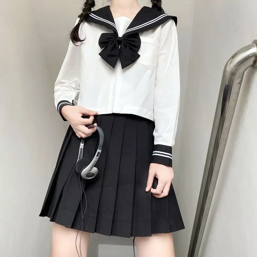 Girl Uniform Japanese Basic Black Sailor School Costume Navy Sets Cartoon Women