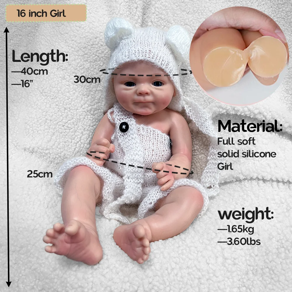 Lifelike 16 Inch Full Platinum Silicone Reborn Doll for Kids Toy Handmade Flexible Newborn Baby Girl Collector Christmas Gift