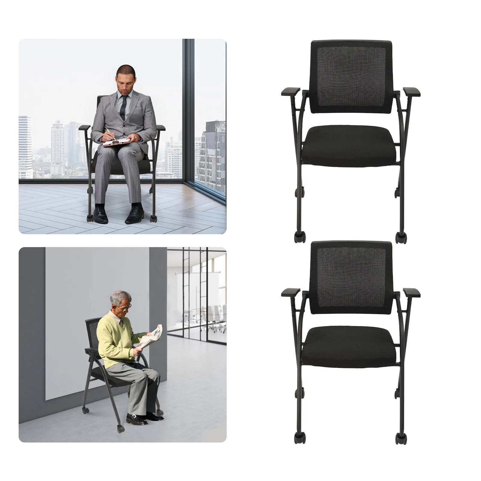 2PCS Steel Pipe Black Office Conference Reception Chairs Guest Chair Mesh Back Waiting Room Seat  Freestanding