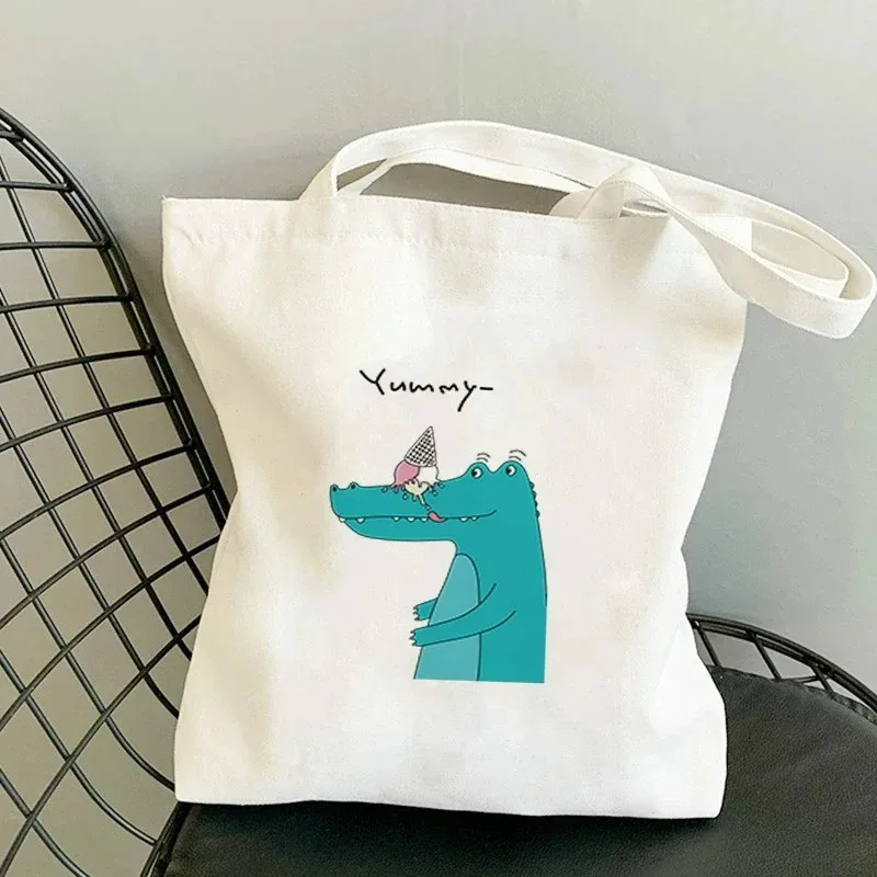 Cartoon Dinosaur Women Shoulder Bags Graphic Harajuku CanvasTote Handbag Large Capacity Shopper Bags No Zipper Eco Girl Handbags