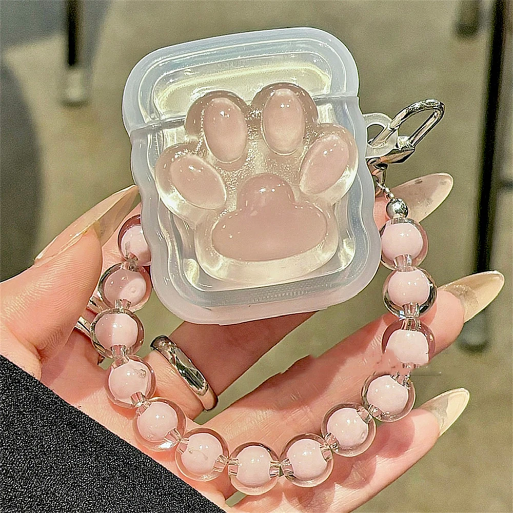 Cute 3D Cat Paw Wave Border Headphones Case For AirPods 1 2 3 With Beads Pendant Protective Shell Soft Cover For AirPods Pro 2