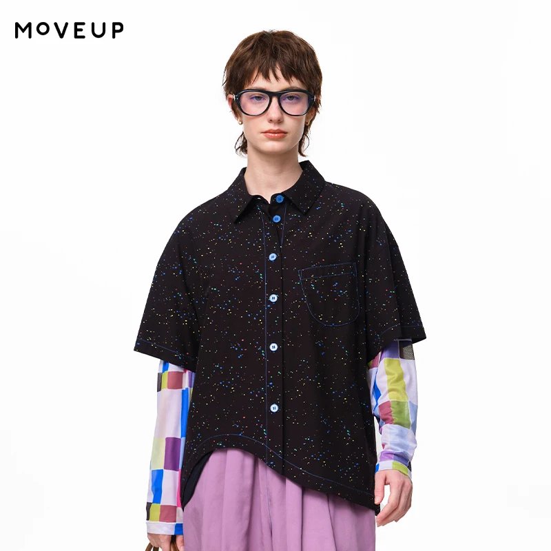 

MOVEUP Casual Short Sleeves Shirt 2026 Summer New Pocket Drop Sleeves Color Dot Print Wave Hem Loose Fit Top For Women 3EWX20402
