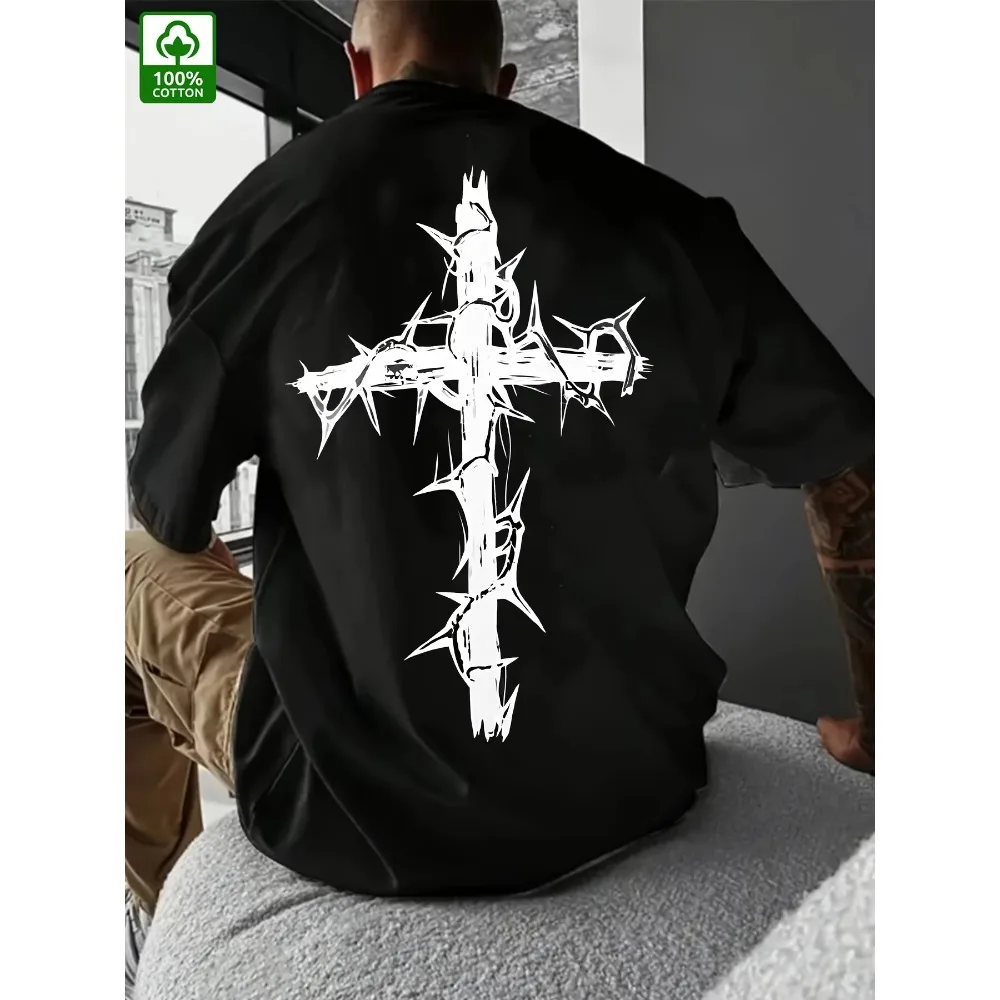 

2025 Summer men's cotton comfortable casual wide plus size creative cross pattern printed round neck short sleeved T-shirt top