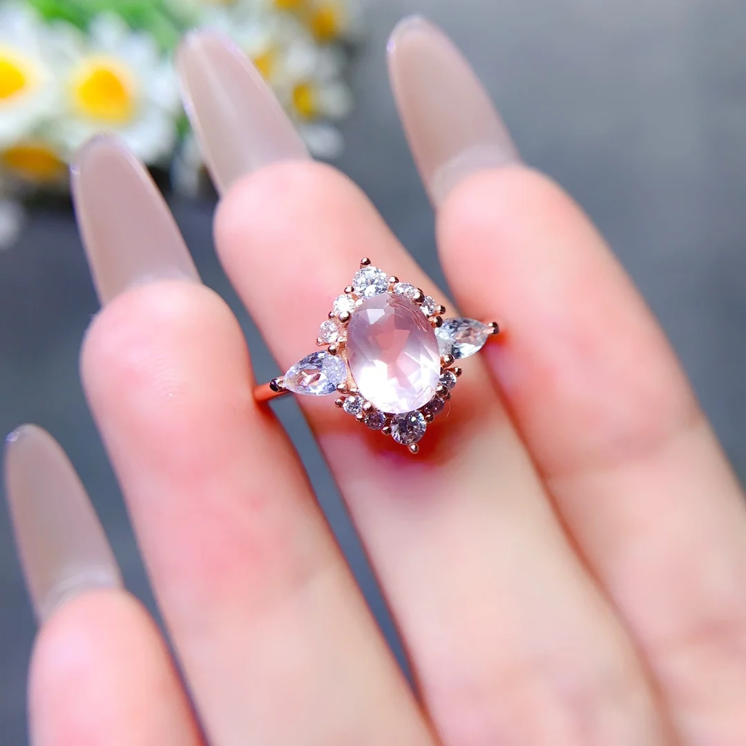 FS S925 Sterling Silver 6*8mm Natural Rose Quartz Ring for Women Fine Fashion Charm Weddings Jewelry With Certificate MeiBaPJ