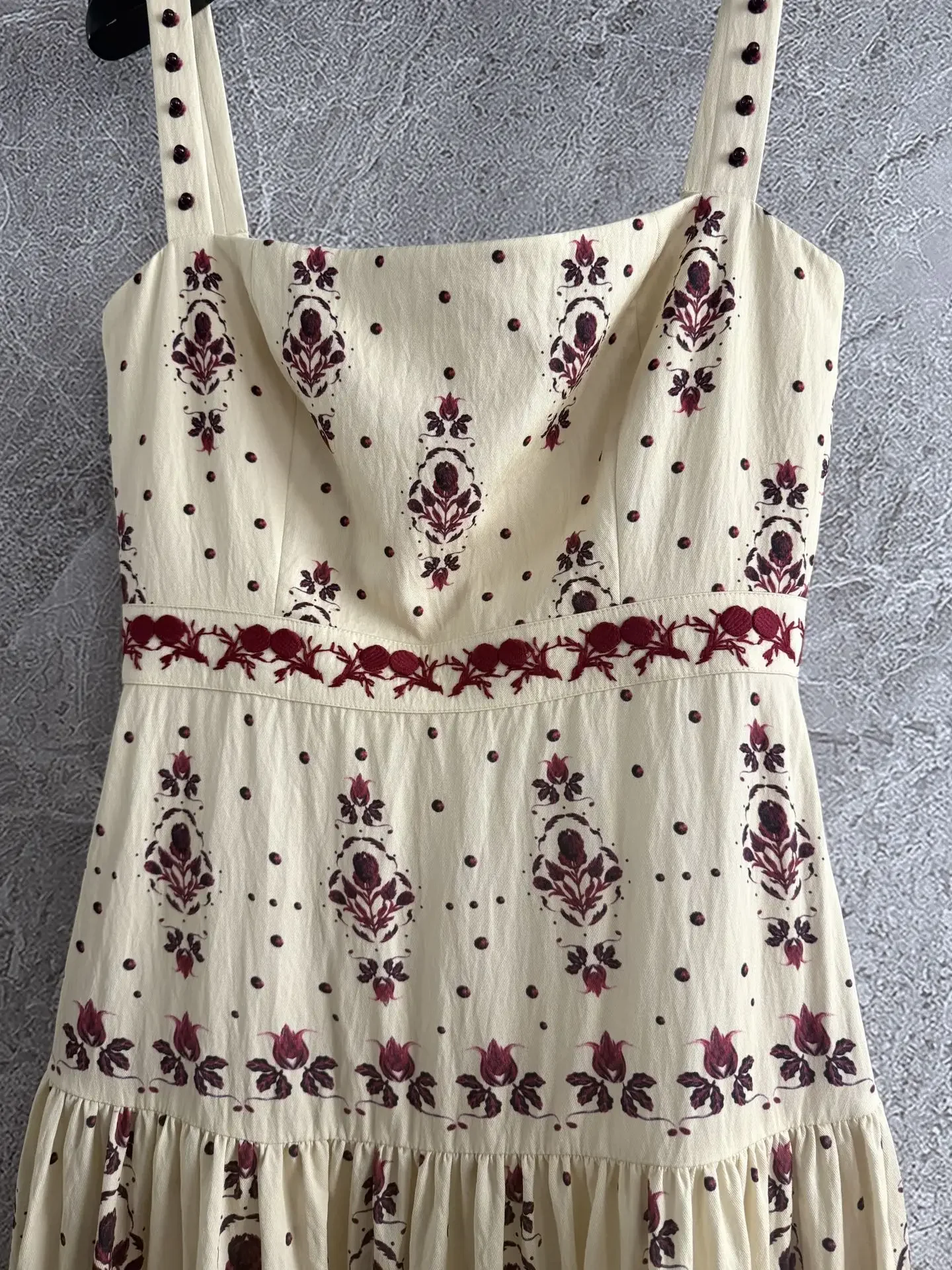 Robe longue en coton pour femmes, imprimé floral, écharpe, broderie de perles, col carré, taille haute, sans manches, vacances, nouvelle collection 2025