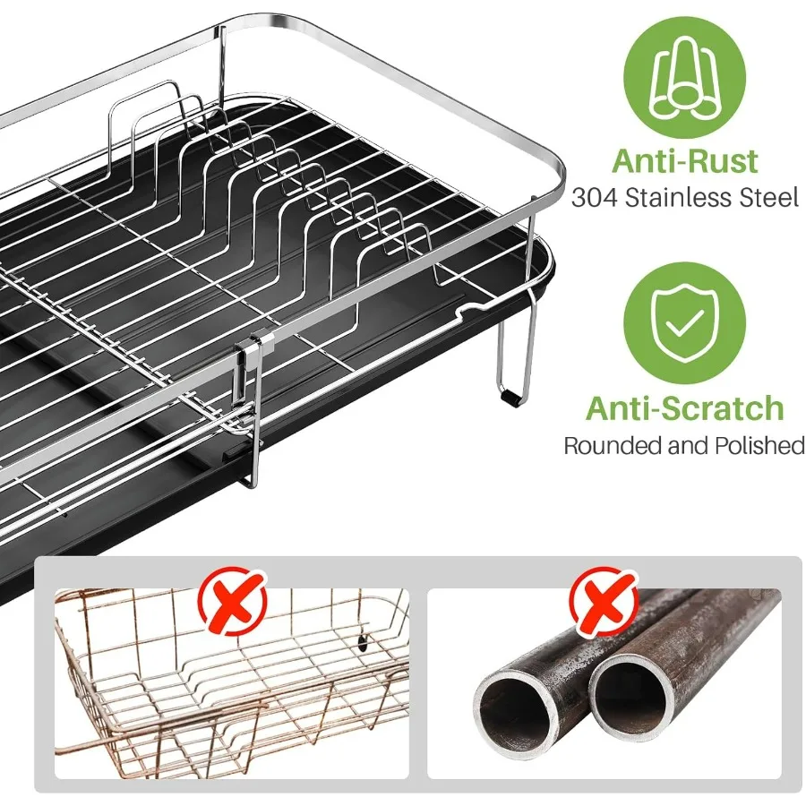رف تجفيف الأطباق، رف أطباق قابل للتوسيع لطاولة المطبخ، مصفاة أطباق من الفولاذ المقاوم للصدأ مع أواني وحامل أكواب 13.8 بوصة - 22.6 بوصة لتر