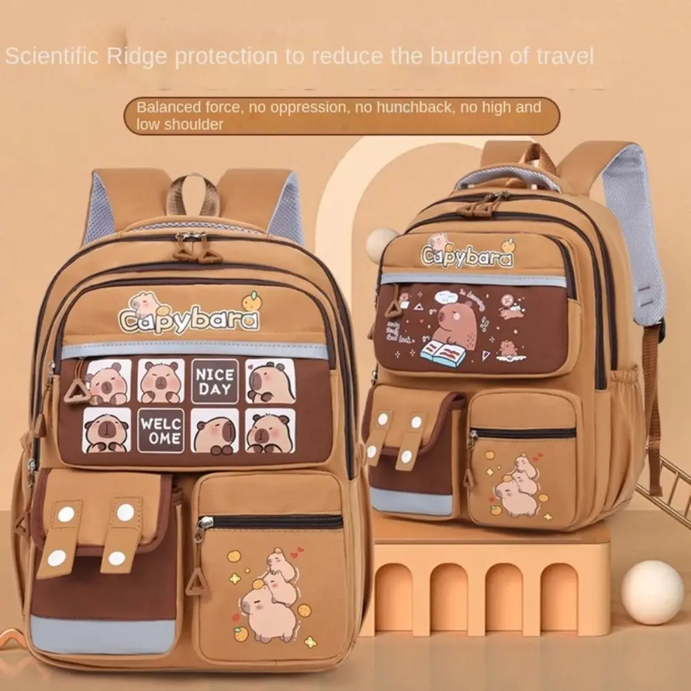 Large Capacity Capybara Backpack Nylon Adjustable Strap Cute Animal Bookbag Lightweight Multi Pocket Student School Bag