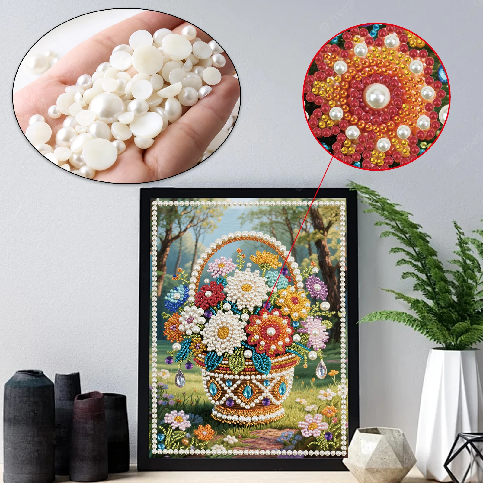 Pearl Diamond Painting Kits for Adult Beginner,flower basket Special Shape Diamond Art Pearl Kit for Wall Decor handmade Gift view 5
