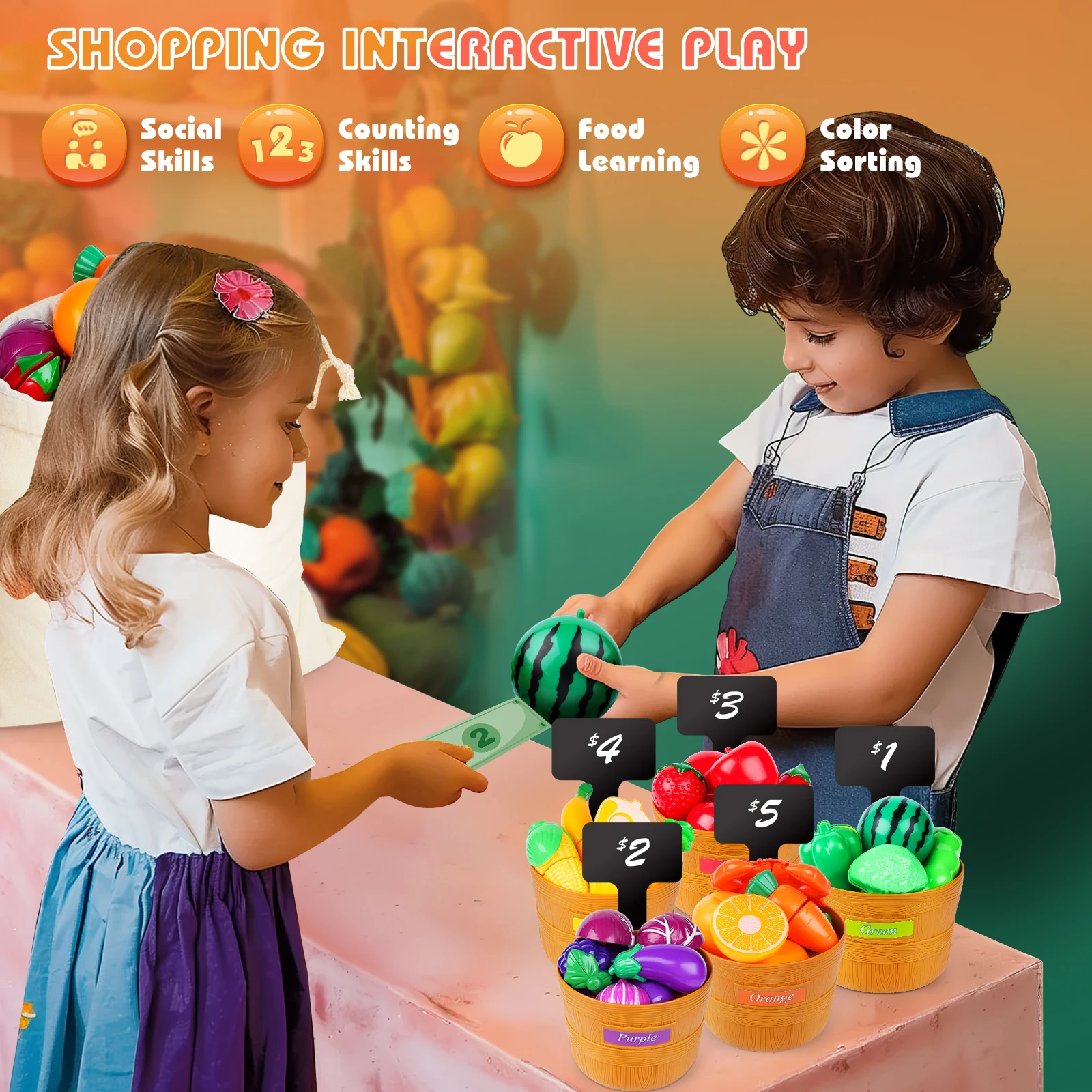 48Pcs Cutting Play Food Toy for Multiple Kids with Storage Baskets, Kitchen Pretend Food Set for Toddler, Kitchen Toys