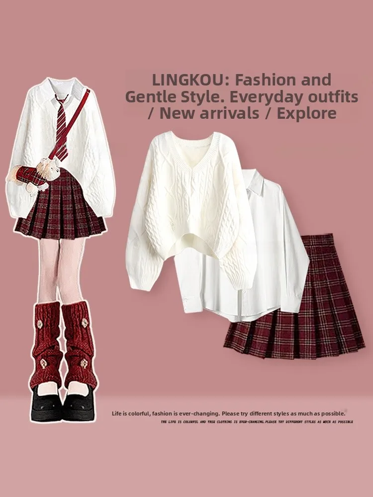 

Large Size Autumn Winter College Style Knitted Sweater Set Women's V-Neck Base Shirt with Korean Pleated Skirt Three-Piece Set