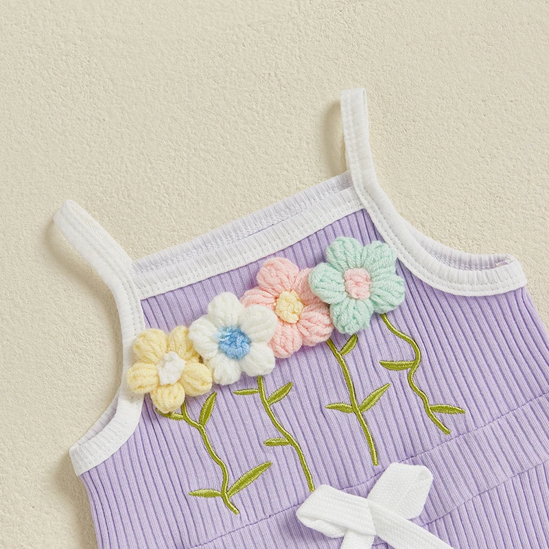 بدلة قفز صيفية للفتيات الصغيرات من SUNSIOM بدون أكمام وحزام سباغيتي وزهرة كروشيه رومبير شورت للرضع