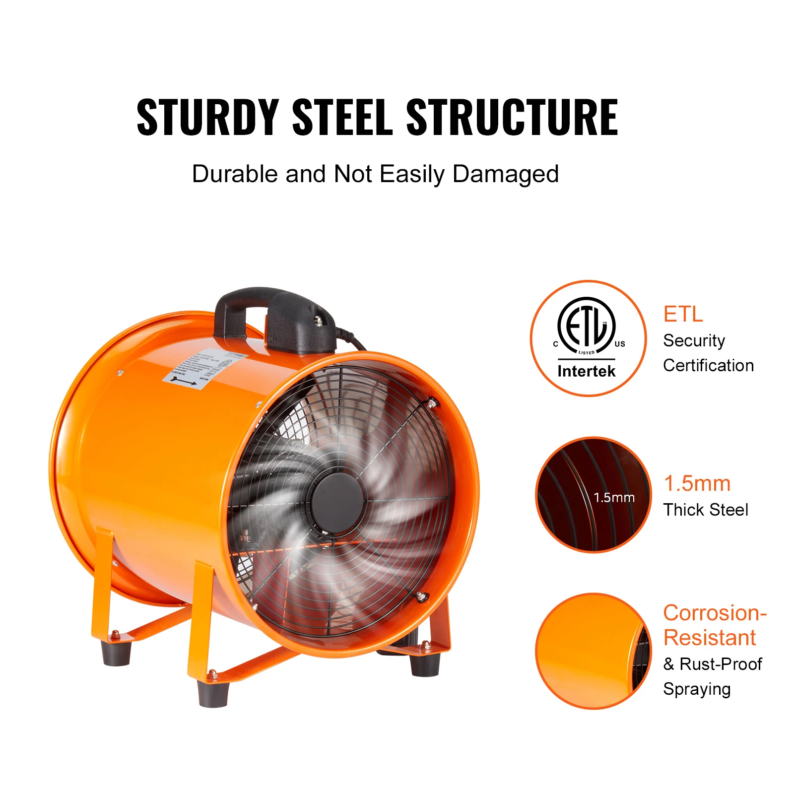 VEVOR Portable Ventilator 254mm Cylinder Fan with 10m Duct Hose, 300W Strong Shop Exhaust Blower  for Sucking Dust Smoke