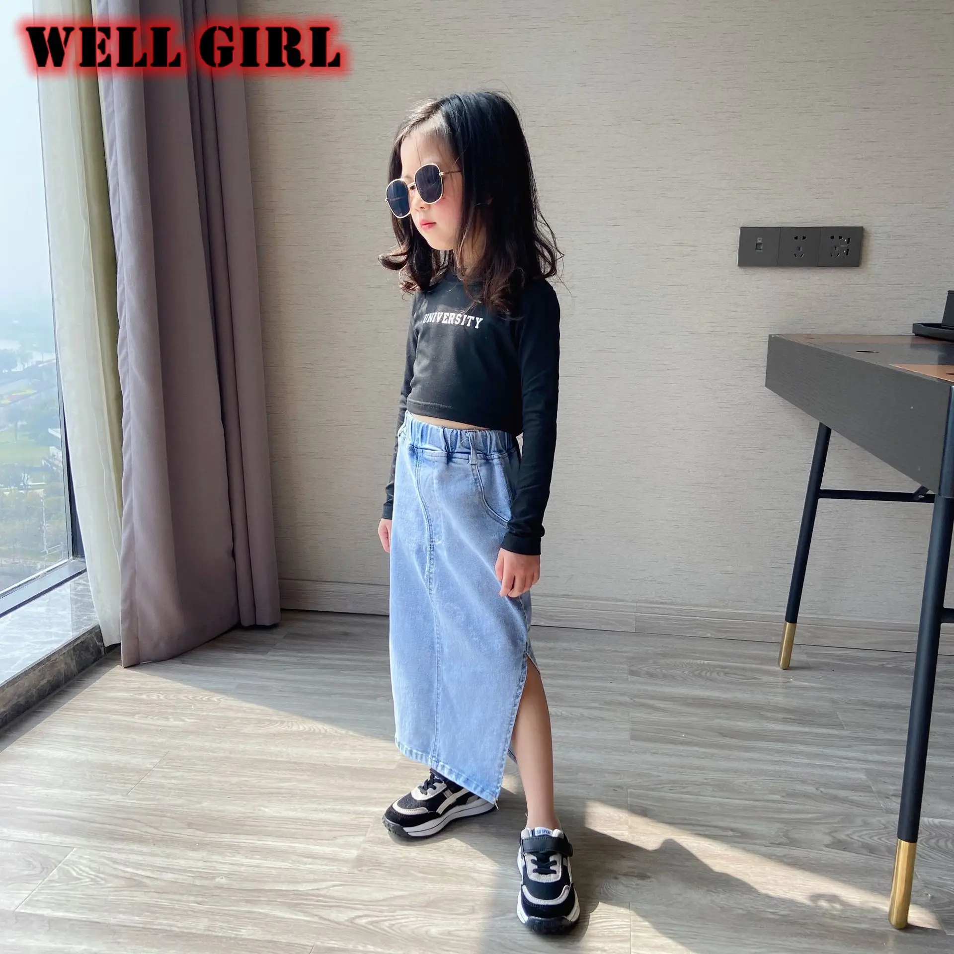 Korean vintage fashion clothes girls jeans skirt ankle length midi skirts split side open high waist bottoms denim 4 to 16 yrs