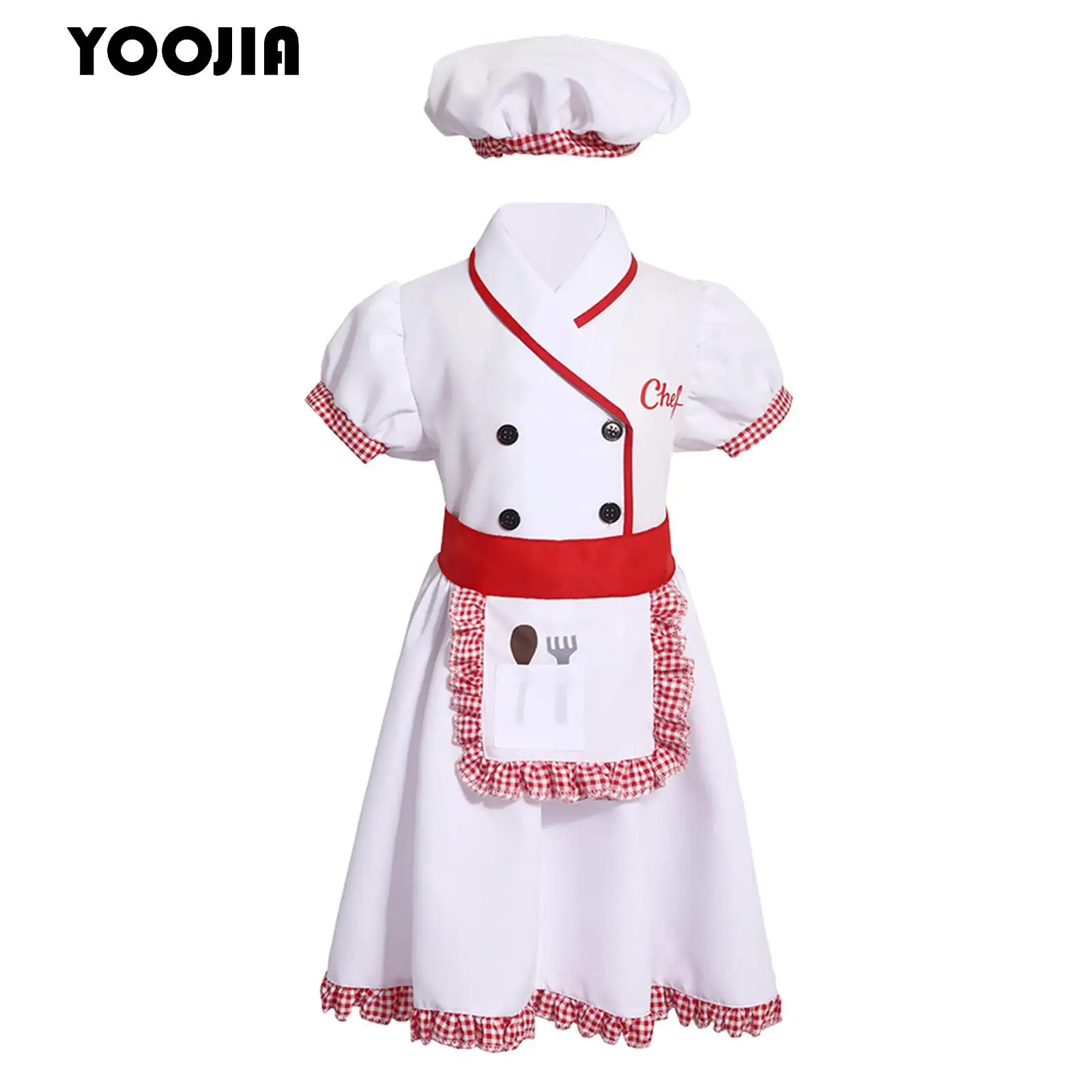 

Boys Girl Chef Uniforms Apron Hat Set Children Halloween Cosplay Baking Painting Training Costume Cooking Kitchen Apron and Hat