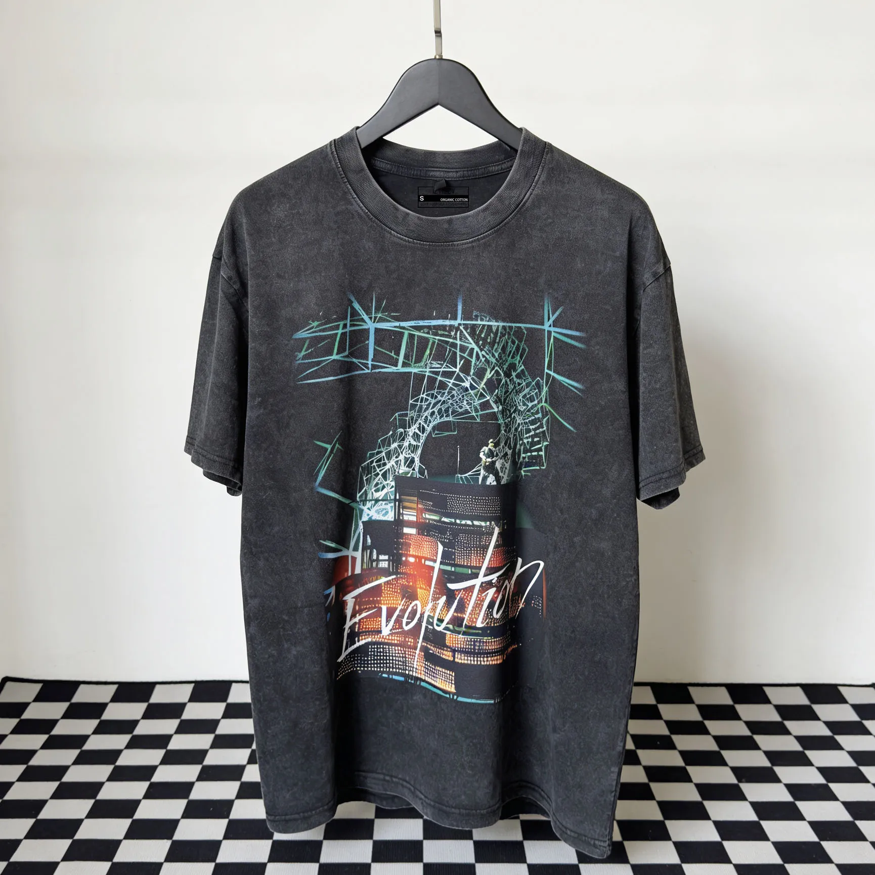 Retro Washed Pure Cotton Short Sleeve T-Shirt Double Sided Print Stage Evolution Concert Tour Men's Loose Fit Citywalk Summer