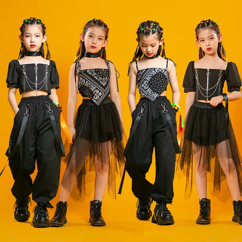 

Kid Black Kpop Punk Hip Hop Clothing Crop Top Pleated Mesh Skirt Tactical Cargo Pants for Girls Jazz Dance Costume Set Clothes