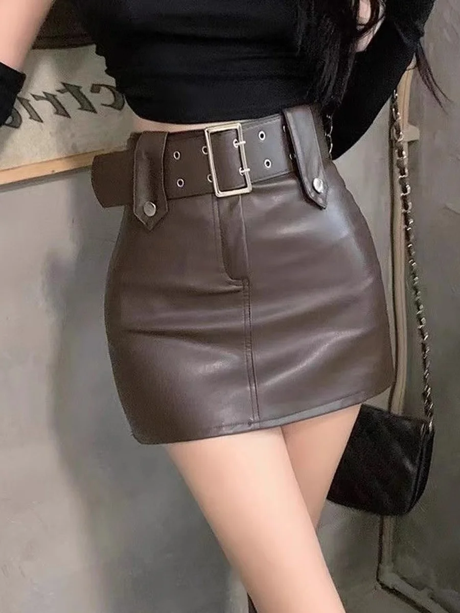 High Waist PU  Skirt with Belt Workwear Style Women's Slim Fit A-Line Half Body Skirt Casual Commute Pure Color No Slit