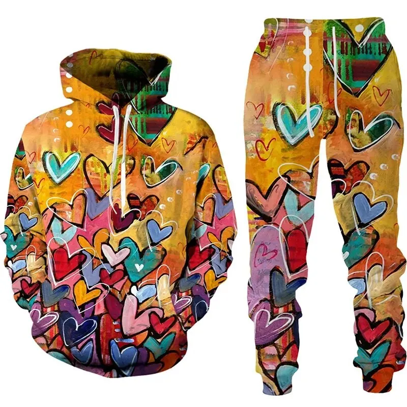 Autunno Love Heart 3D stampato felpa con cappuccio da uomo felpe con cappuccio pantaloni sportivi moda casual due pezzi tuta set abbigliamento uomo